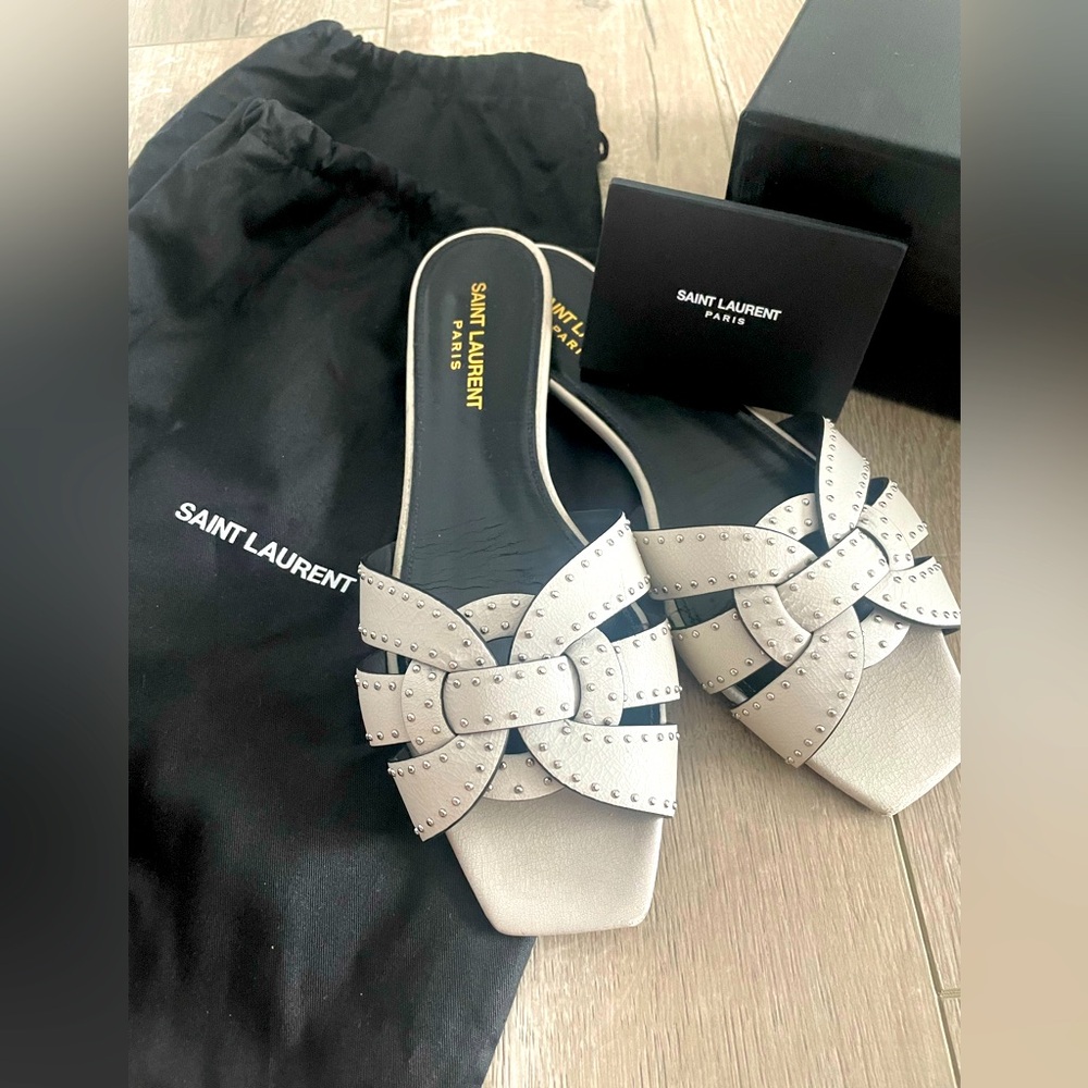 Yves Saint Laurent Tribute Leather Mule Sandals - Off White Embellished Studded